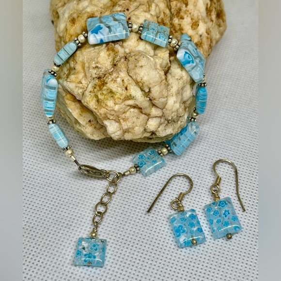 925 Bracelet Earrings Set Blue Floral Artisan Sterling Silver - Picture 1 of 11